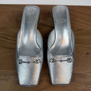 New Womens Sam Edelman Ollie Square Toe Bit Silver Slip On Shoes Mules Sz 7‎ M